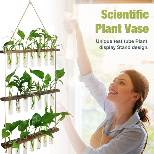 21 3 XXXFLOWER Wall Hanging Propagation Station with Wooden Stand Glass Test Tubes Tiers Planters Wall Terrarium