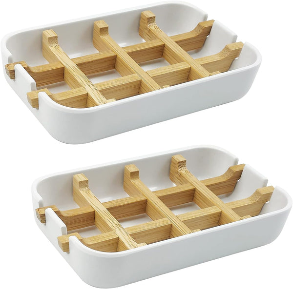 2 Pack Bamboo Soap Dish, Self-Draining Soap Box, Wooden Bar Soap Holder for Shower, Bathroom, Kitchen