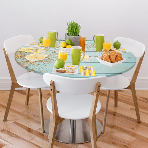 Beach Fitted Round Table Cloth, Summer Wood Starfish Outdoor Table Cover with Elastic Edge (Fit for 40"-44" Tables)