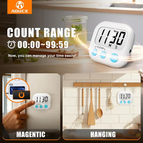 2 Pack Digital Kitchen Timer for Cooking, Big Digits Loud Alarm, Magnetic Backing Stand for Baking, White