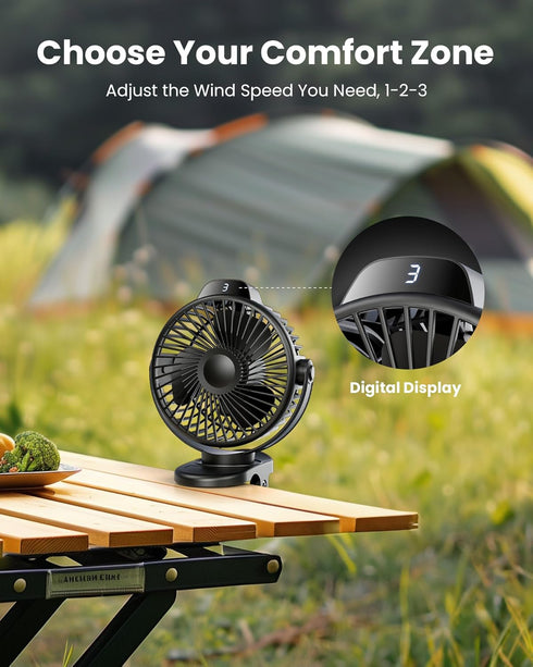 Koonie Portable Clip On Fan, Small USB Fan Battery Operated, 3 Speed Rechargeable Mini Fan with LED Display, 360°