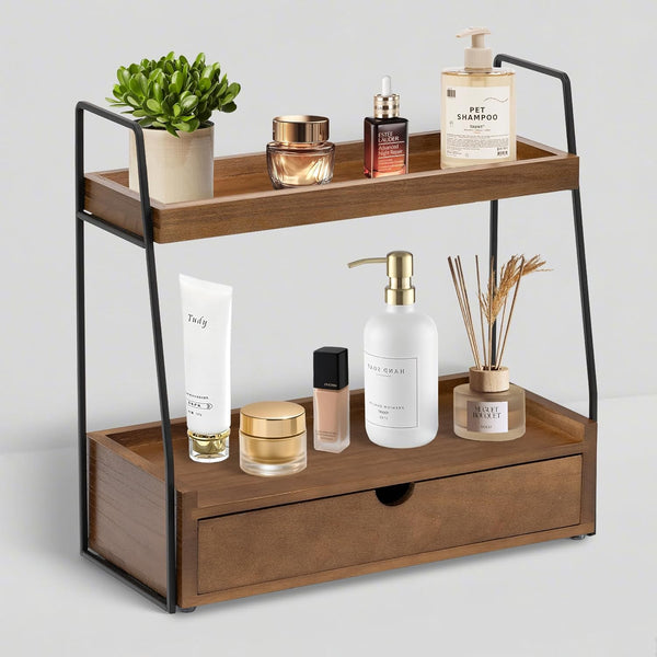 2-Tier Bathroom Organizer Countertop with Drawer, Wood Counter Organizer for Bathroom Decor,