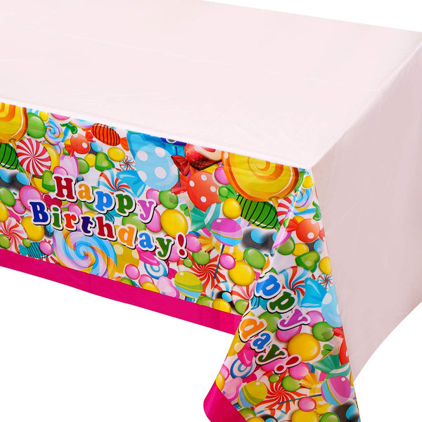 Sweet Candy Lollipop Plastic Tablecloth - Rectangle Disposable Table Cover for Candyland Themed Party, 52 x 90 inches