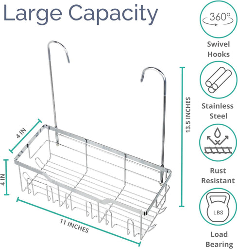 Small Shower Caddy Hanging with Rotatable Hooks, Adhesive Mount, Spacious Bathroom Storage Solution, 304 Stainless Steel