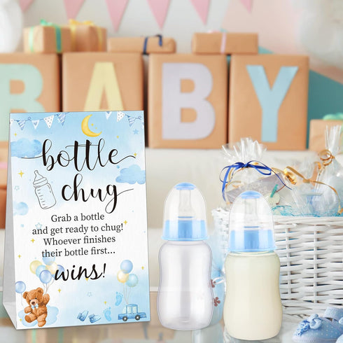 TrelaCo Baby Shower Game Sign, 20 Pcs Baby Bottles Shower Favor Set, Plastic Greenery Flowers Bear Gift for Gender