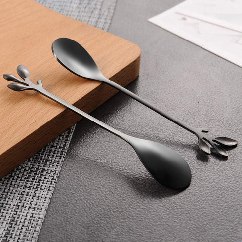 AnSaw Elegant Black Leaf Coffee Spoons, 10-Piece Mini Stainless Steel Espresso & Dessert Spoons