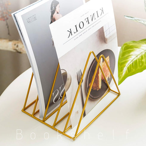 QPEY Triangle File Holder, 5 Slot Metal Vinyl Record Stand, Magazine Holder for Office Home, 1 Pc, Gold