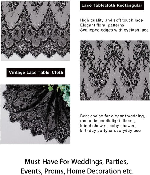 ShinyBeauty Lace Tablecloth Rectangle - 60''x120'' Black Lace Party Tablecloth, Rustic Floral Lace Table Cover