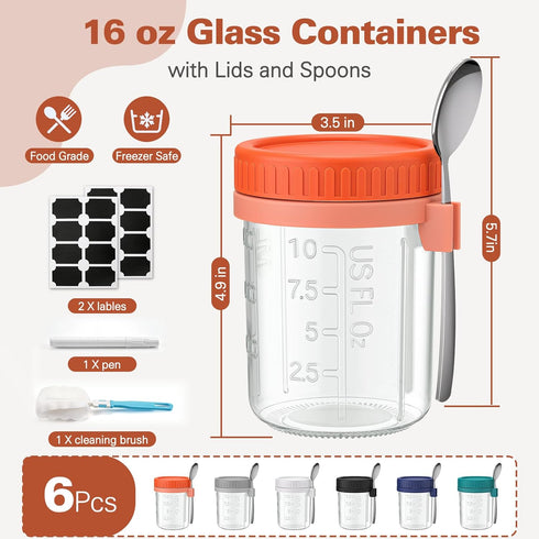 6 Pack 16 oz Overnight Oats Containers with Lids and Spoons, Airtight Oatmeal Container with Measurement Marks
