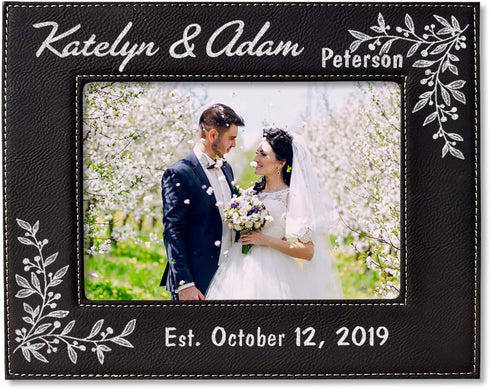 Personalized Newlywed Couples Leather Picture Frame - 7x5 Engraved Wedding Anniversary Gift