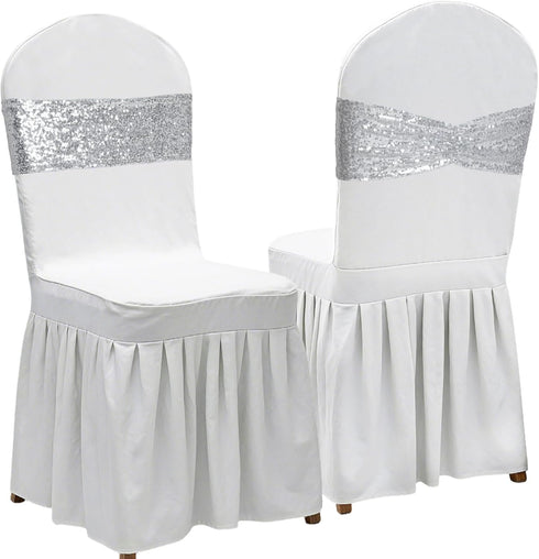 Poise3EHome 10 Silver Sequin Chair Sashes, Double Sided Glitter Folding Chair Covers Bow for Party Wedding Banquet