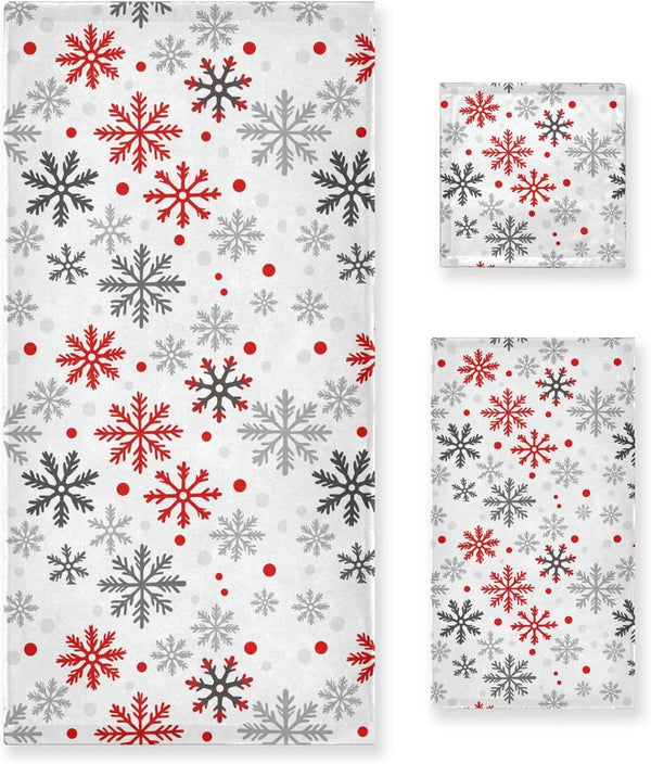Dussdil Winter White Red Snowflakes Bathroom Towel Set of 3 Pcs Christmas Snow