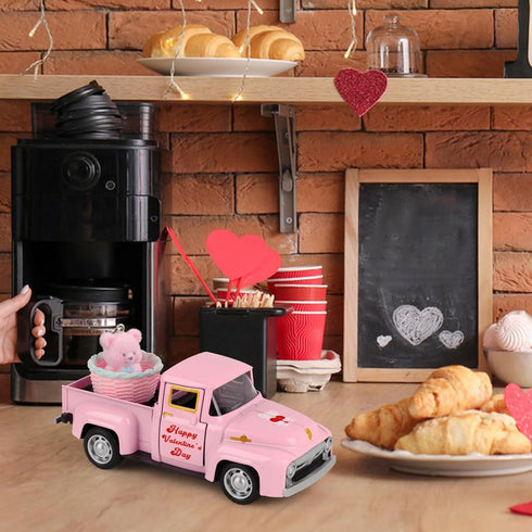 Hooqict Pink Valentines Day Mini Metal Truck with Flower Basket Romantic Love Heart Truck for Valentine's Day Gifts