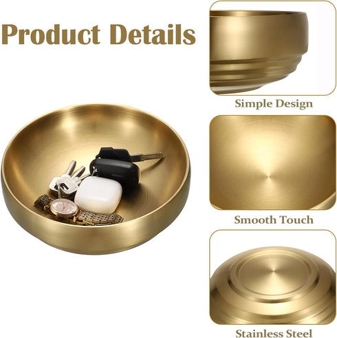 GUSHBIN 8.3" Counter Golden Key Bowl for Entryway Decorative Key Holder Round Fruit Dish Stainless Steel Catch All Bowl