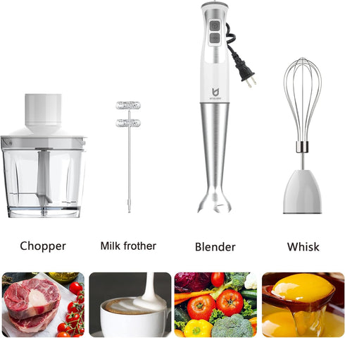 Immersion Hand Blender, UTALENT 5-in-1 8-Speed with 500ml Food Grinder, 600ml Container, Milk Frother, White
