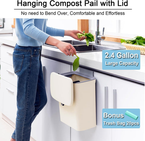 2.4 Counter Tiyafuro Gallon Kitchen Compost Bin for Top or Under Sink, Hanging Small Trash Can with Lid