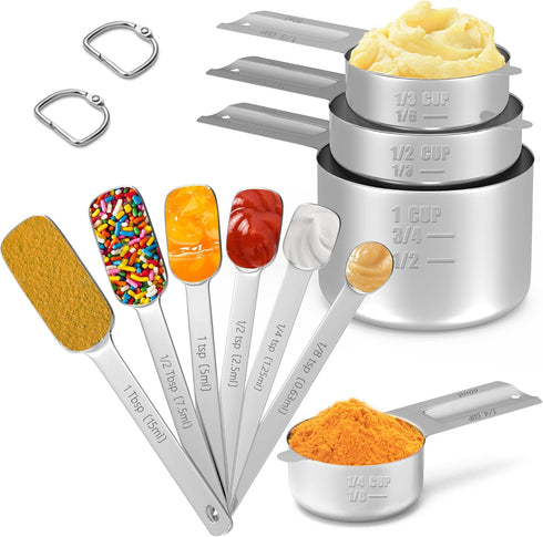 Stainless Steel Measuring Cups & Spoons Set, 10-Pack for Cooking and Baking, Nesting Kitchen Gadgets