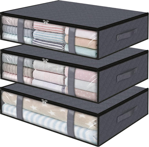 StorageRight 3-Pack Clothes Storage Bins, Foldable Blanket Storage Bags, Under Bed Organizers for Clothing, Grey