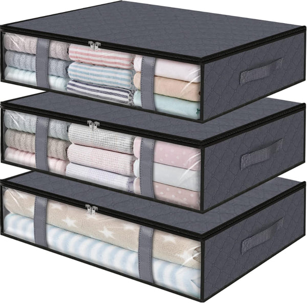 StorageRight 3-Pack Clothes Storage Bins, Foldable Blanket Storage Bags, Under Bed Organizers for Clothing, Grey