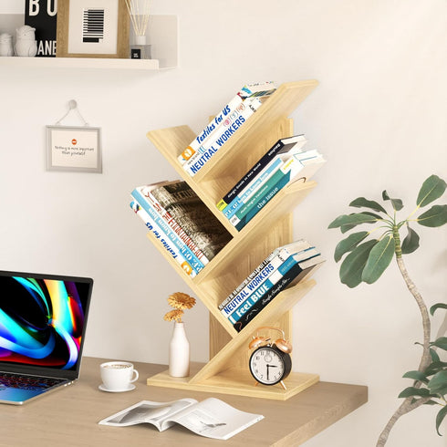 5 SHEEPAM Tier Tree Book Shelf, Small Desktop Bookshelf with Storage Organizer, Wood Bookcase, Desk Display