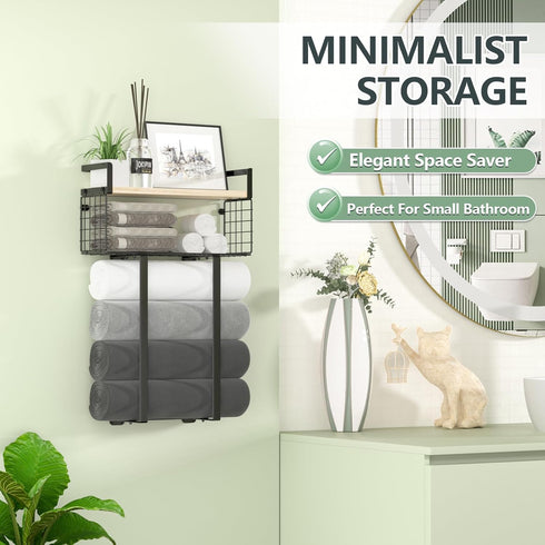 Bathroom Towel Racks, Metal Towel Holder with Storage Basket, Wall Rack for Rolled Towels, Small Bathroom Shelves.