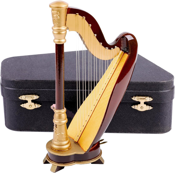 Dselvgvu Wooden Miniature Harp with Case Mini Musical Instrument Harp Replica Collectible Figurines