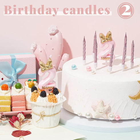 BBTO Number 2 Pink Birthday Candle with 10 Long Thin Cupcake Candles in Holders for Cake Topper Decor