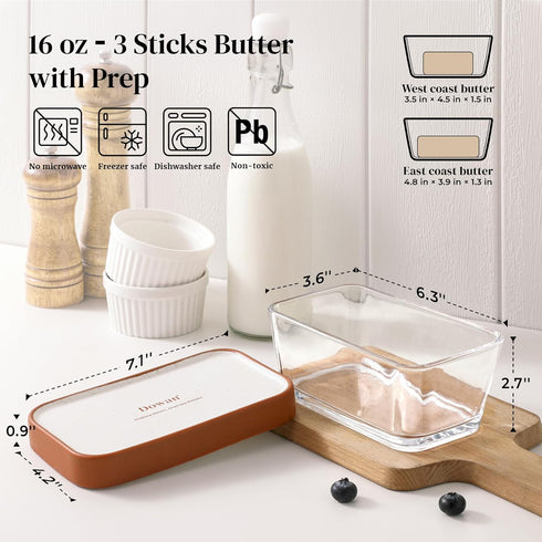 3 2-in-1 Countertop, Safe-Cozy DOWAN Glass Butter Dish with Ceramic Lid, Large Butter Container for Sticks, Butter Dish