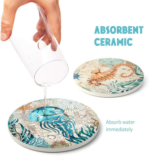 Teivio Absorbing Stone Sea Ocean Life Coasters, Cork Base with Holder, Set of 8 for Coastal Decor