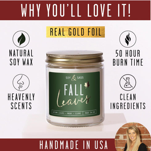 Fall Candles - 'Fall Leaves' Scented Candle with Autumn Leaves, Clove & Musk, Essential Oils, 9oz Jar, 50Hr Burn, Made