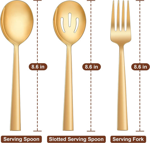 LIANYU 2 Gold Serving Spoons, 2 Gold Slotted Spoons, 2 Gold Serving Forks, 8.6 Inch Stainless Steel for Buffet Catering