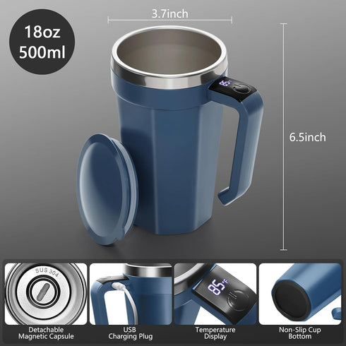 18 oz Self Stirring Coffee Mug with Temperature Display, Rechargeable Self Stirring Mug with Lid, Automatic Self