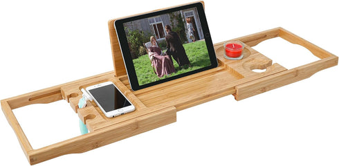 Utoplike Bamboo Bathtub Caddy Tray, Adjustable Bathroom Organizer with Book Tablet Wine Glass Cup Holder (24.5"-37.4")