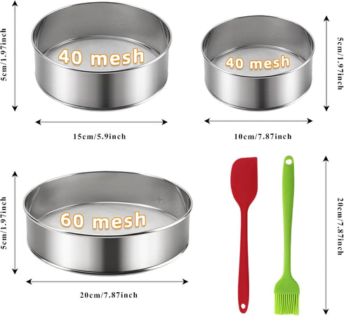 Gurlideo 3PCS 8 Inch 60 Mesh,6 Inch 40 4Inch 40Mesh Sieve Fine Mesh with brush, Stainless Steel Round Sifter