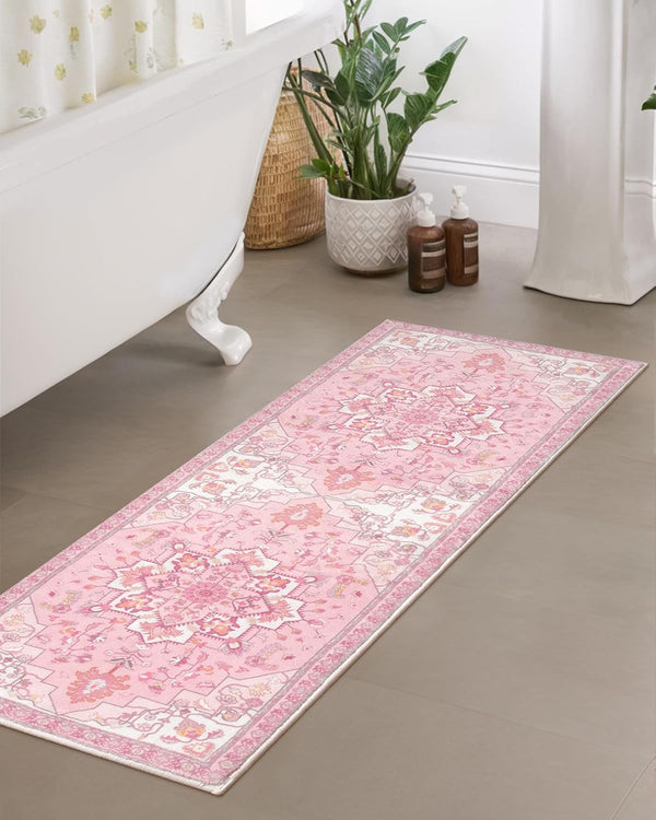 Seavish Vintage Bathroom Runner Rug 18"x47", Pink Boho Oriental Bath Mat for Tub Non Slip Washable Decor