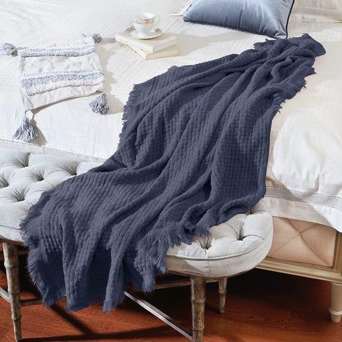 CREVENT Farmhouse Waffle Knit Throw Blanket - Navy Blue, Soft Warm Cozy Lightweight for Couch, Sofa, Chair, Bed