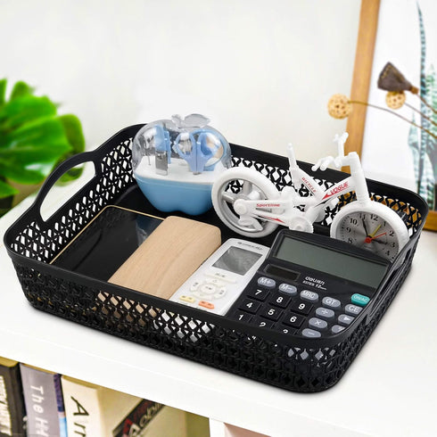 Large Plastic Storage Basket Tray with Handle, Black, Pack of 6
