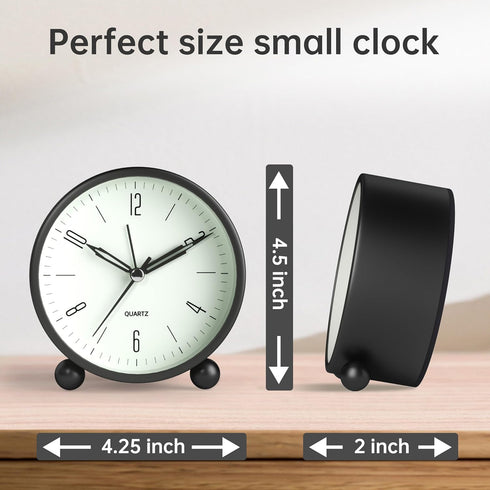 Analog Alarm Clock - 4 inch Super Silent Non Ticking Small Clock with Night Light, Battery Operated, Black Decor