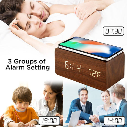 OCT17 Alarm Clock with Qi Wireless Charging Pad Compatible with iPhone Samsung, Brown Wood LED Digital Clock with Sound