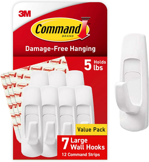 Command Large Utility Hooks 5 lb, 7 Wall Hooks and 12 Command Strips for Damage-Free Hanging and Storage