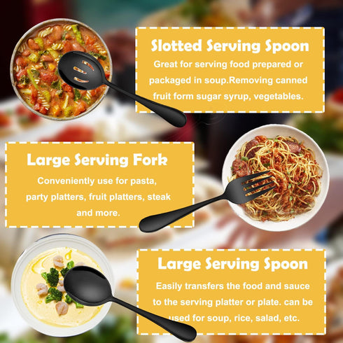6 PCS Stainless Steel Serving Utensils Set, Large Slotted Spoons, Forks, Ice Sugar Tongs, Cake Server, Black for Buffet