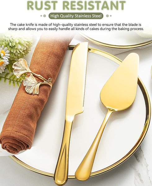 2-Piece Premium Cake Cutting Set, Exquisite Knife and Server with Serrated Design, Includes Cake Knife and Pie Spatula for Pastry, Pizza and Desserts (Gold) by FTAKRY