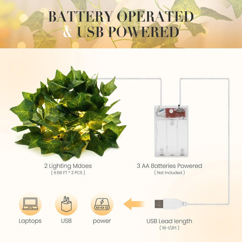 2 Pack 6.56 80LEDS KASZOO Ft Vine with Fairy Lights, Battery/USB Operated, Vine String Lights, Ivy Garlands with Fairy