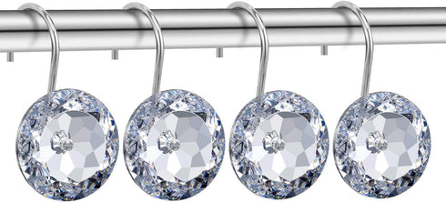 CHICTIE Set of 12 Crystal Decorative Shower Curtain Hooks, Stainless Steel Rust Resistant White Round Diamond