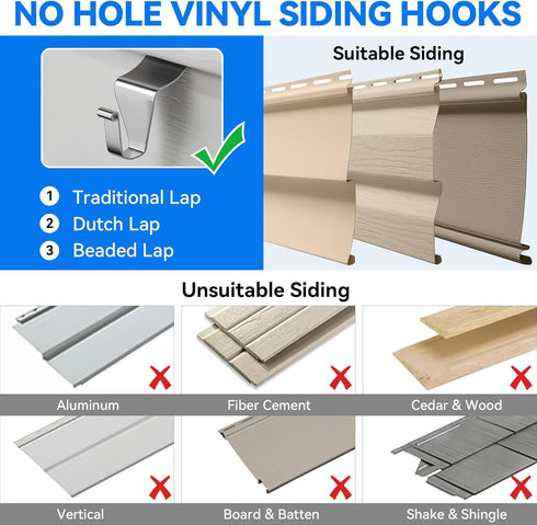 MIUKAA Vinyl Siding Hangers Hooks (8 Pack) - Sturdy No Hole Hooks for Hanging Outdoor Decorations