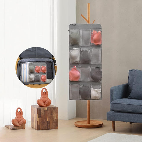 Dual Sided Hanging Shoe Organizer for Closet | Rotating Hanger with 24 Large Pockets (Grey-Mesh Pockets)