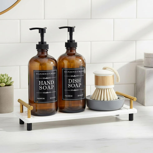 Set 16oz 12 (Set 6) Soap Dispenser Refillable Amber Glass Bottles with Brush Holder, Dish Scrub, Diatomite Tray