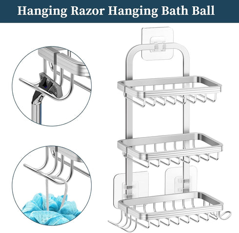 3 4 Tier Soap Bar Holder for Shower, Aluminum Wall Mounted Rustproof Soap Holder with Hooks and Razor Holder, Shower