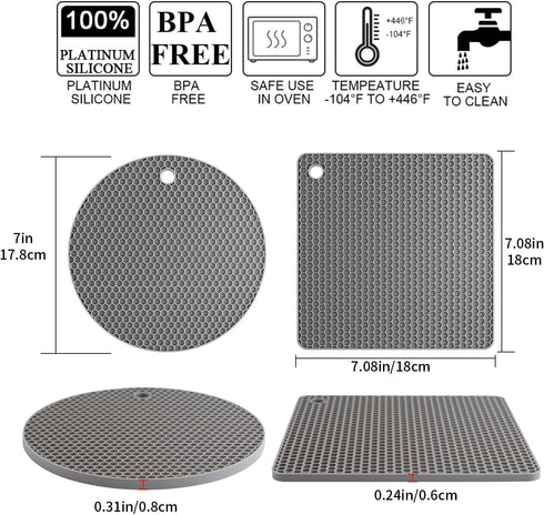 Silicone Trivet Mats - Heat Resistant Pot Holders for Hot Pots and Pans, 4 Pack Gray Trivets for Tables
