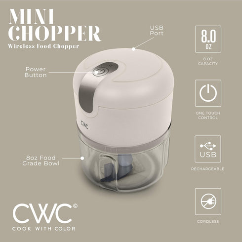 COOK WITH COLOR Wireless Food Chopper - Effortlessly Chop, Great for Garlic, Ginger, Herbs, Chili, Minced Meat, Onions, 8 Oz, Creme by COOK WITH COLOR